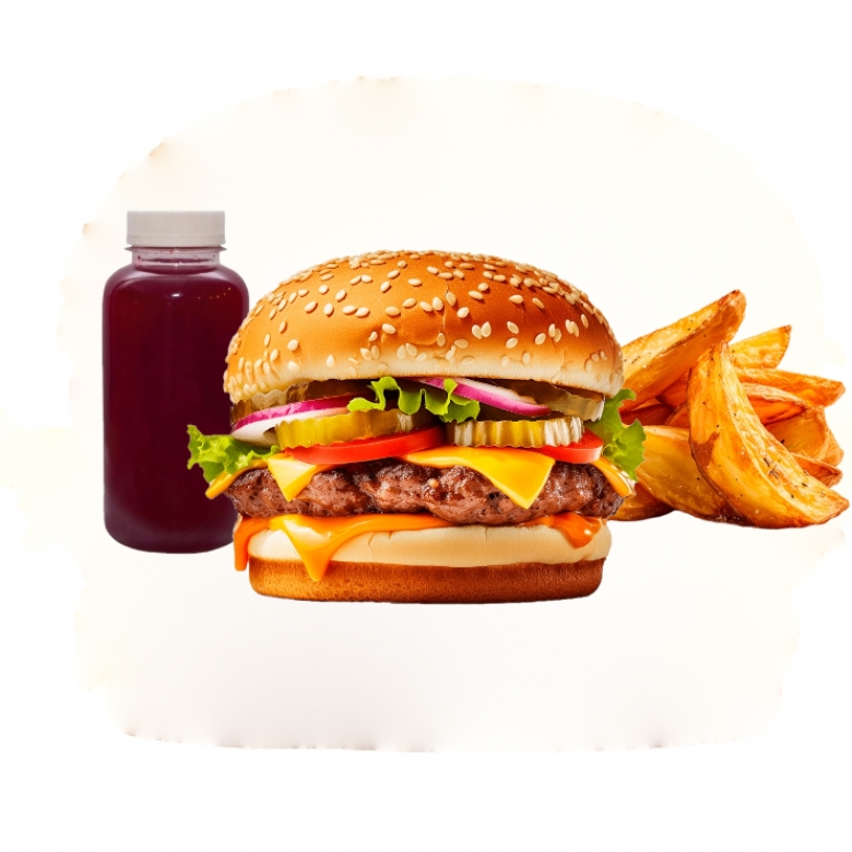 Чизбургер  дольки фри, морс 