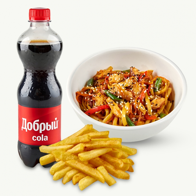 Удон с цыплёнком, картошка фри, кола 0.5